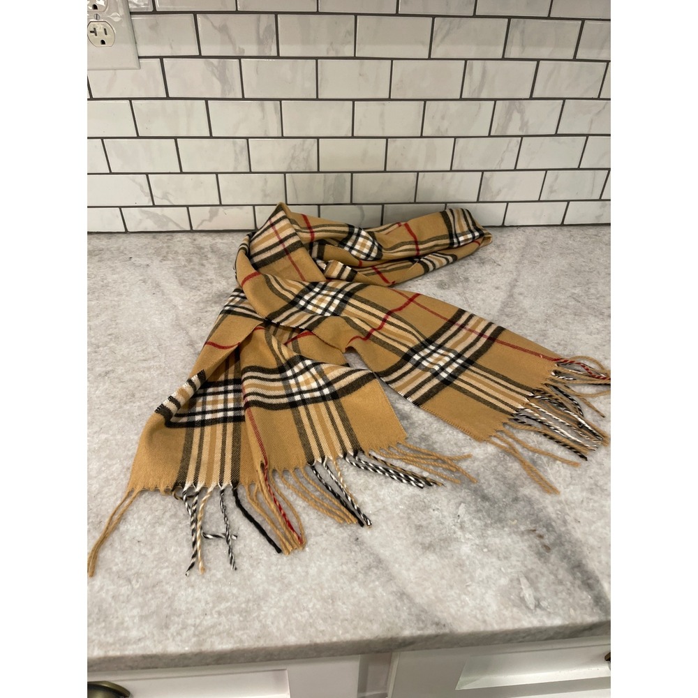V Fraas Scarf Women Tan Tartan Plaid Fringe Made in Germany
